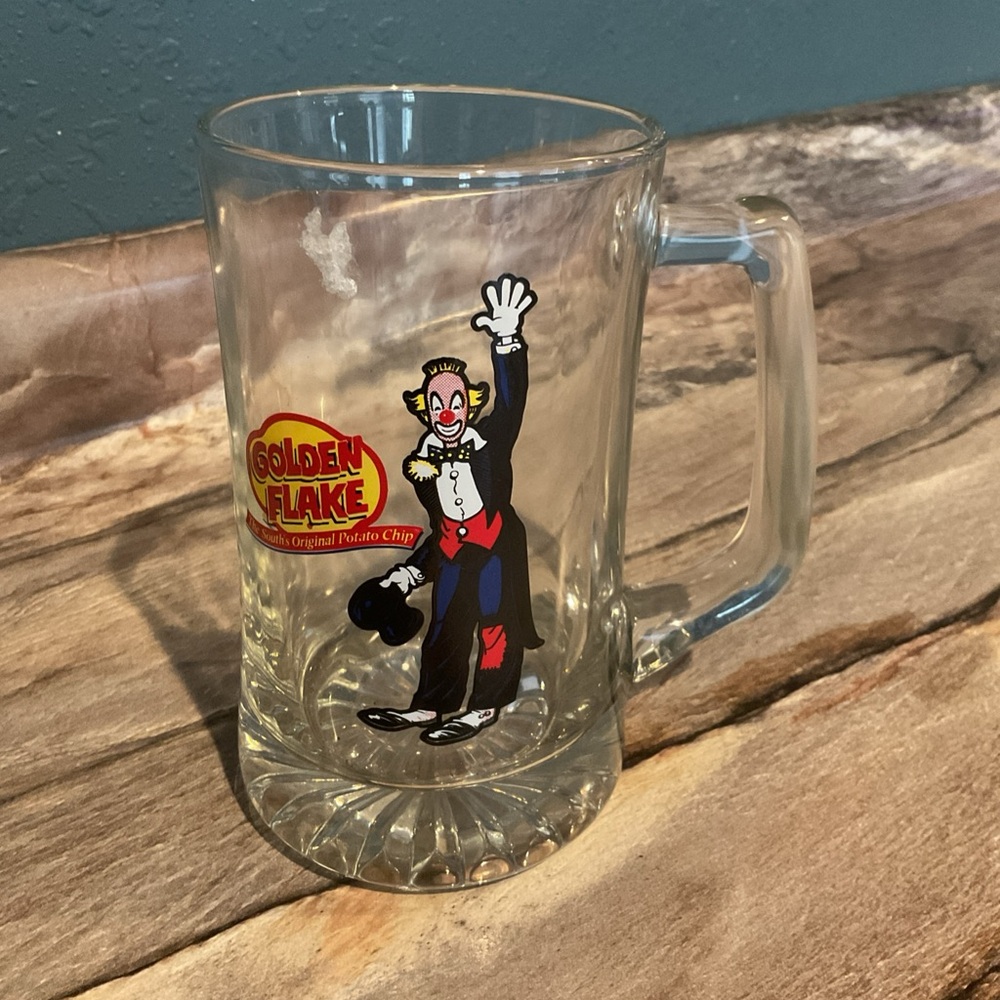 Golden Flake Clown Logo Glass Mug The South's Original Potato Chip 20 Oz Vintage